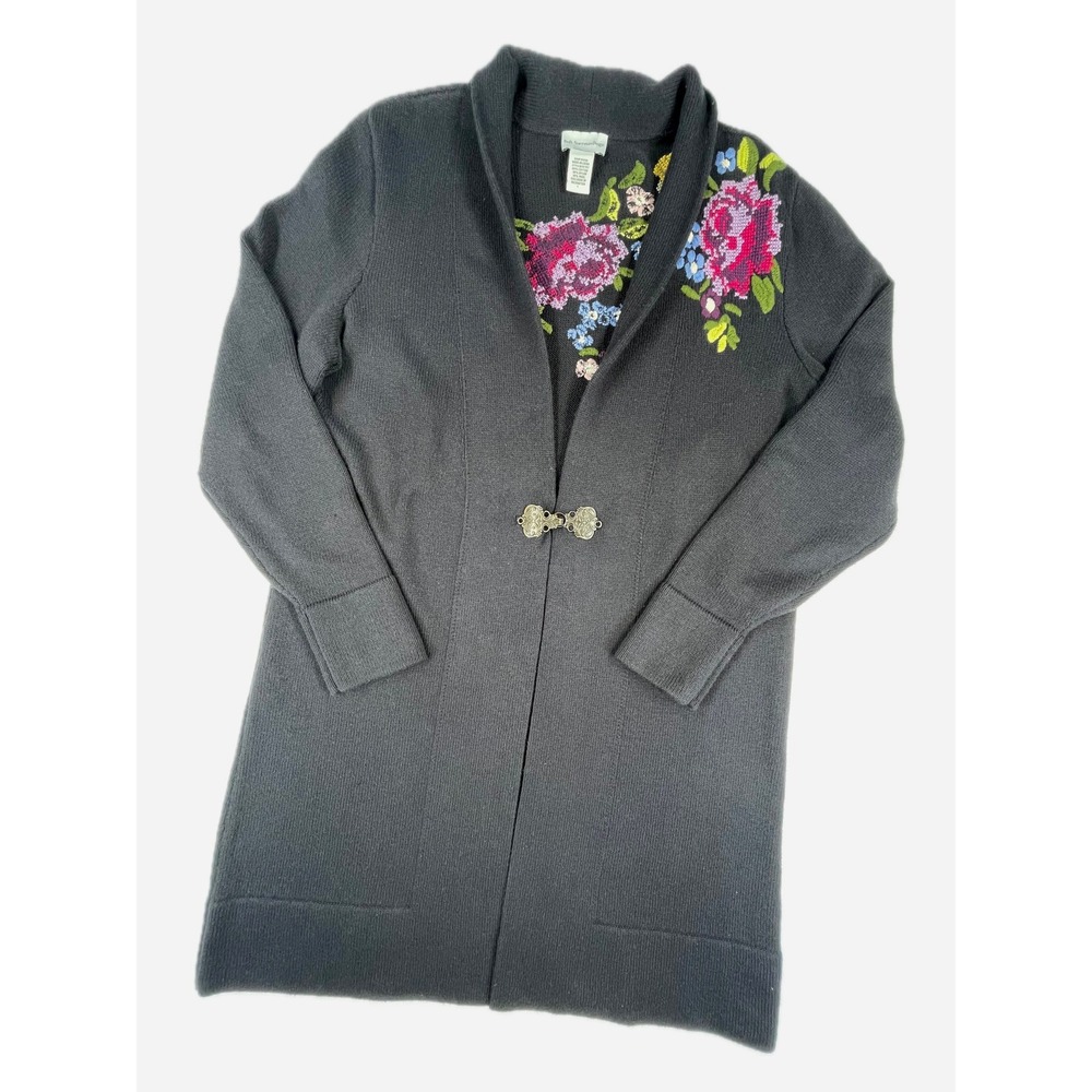 Soft Surroundings La Vie En Rose Cardigan L Black Embroidered Wool Blend Sweater
